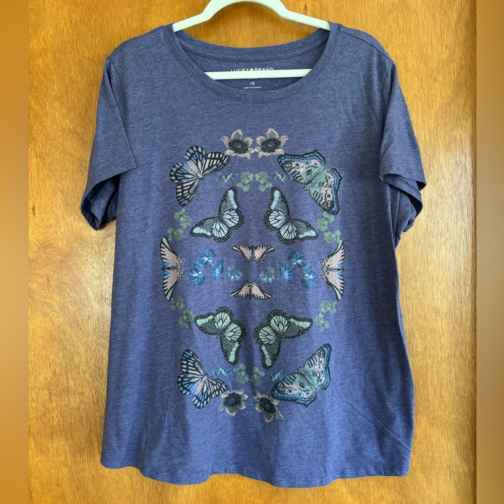 🦋 Lucky Brand Heather Blue Butterfly Short Sleeve Tee - 1X
